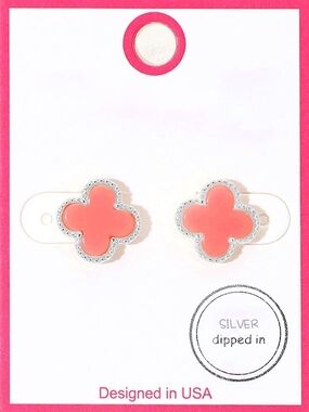 Pink Silver Dipped Trim 0.5" Quatrefoil Stud Earrings Casual Clover Jewelry
